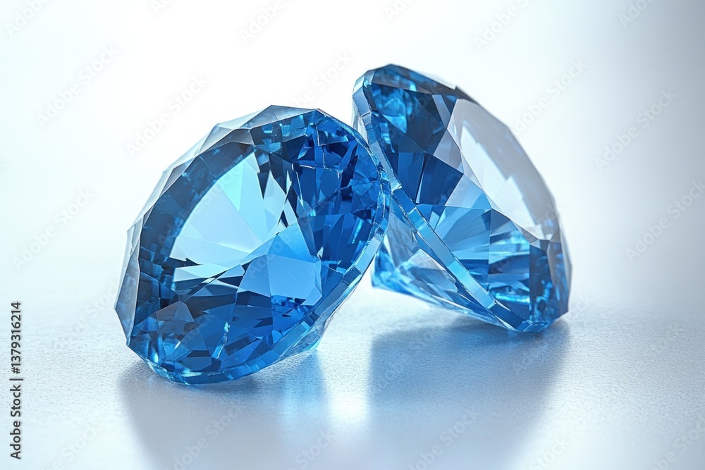 Blue Gemstones on Reflective Surface with Intricate Faceting and Soft Shadows Blue Gemstones on Reflective Surface with Intricate Faceting and Soft Shadows