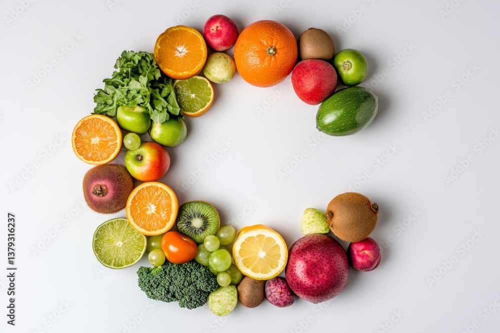 Vitamin C Concept Fruits and Vegetables Arranged in Letter Shape Vitamin C Concept Fruits and Vegetables Arranged in Letter Shape