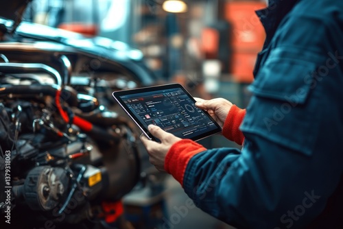 mechanic using tablet for car diagnostics in modern garage vehicle inspection and repair
