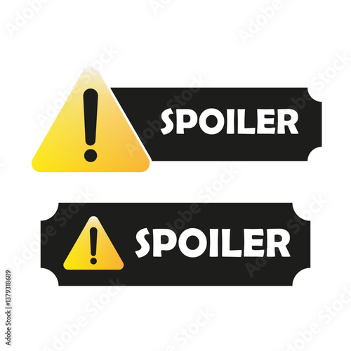 SPOILER warning sign. Yellow triangle icon. Exclamation mark label. Vector caution banner.