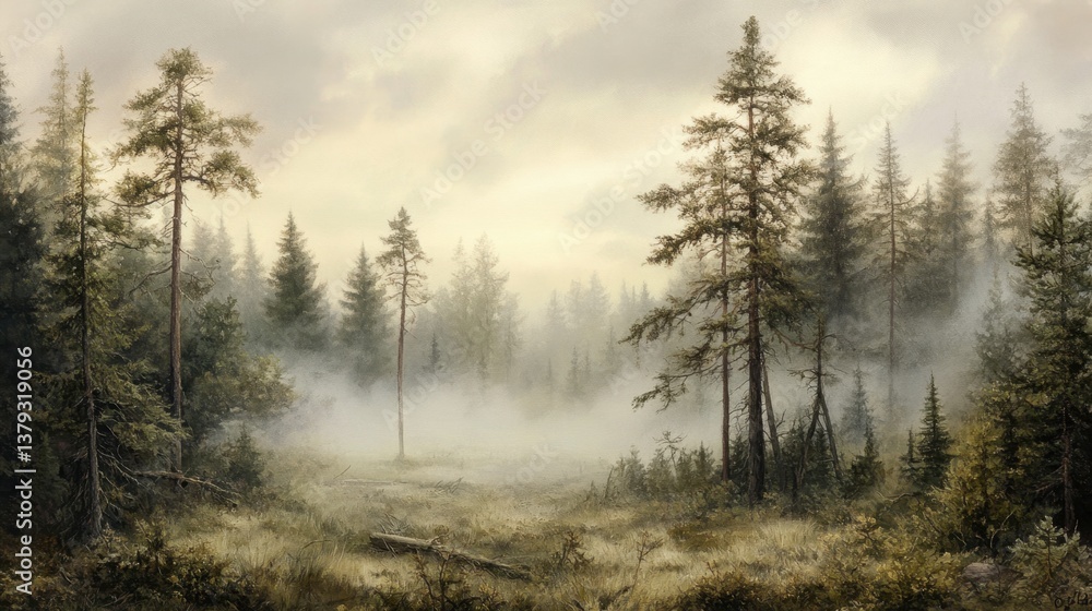 Fototapeta premium Serene Misty Forest Landscape with Tall Evergreen Trees in Morning