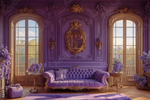 A lavish purple interior decorates a room with floral arrangements