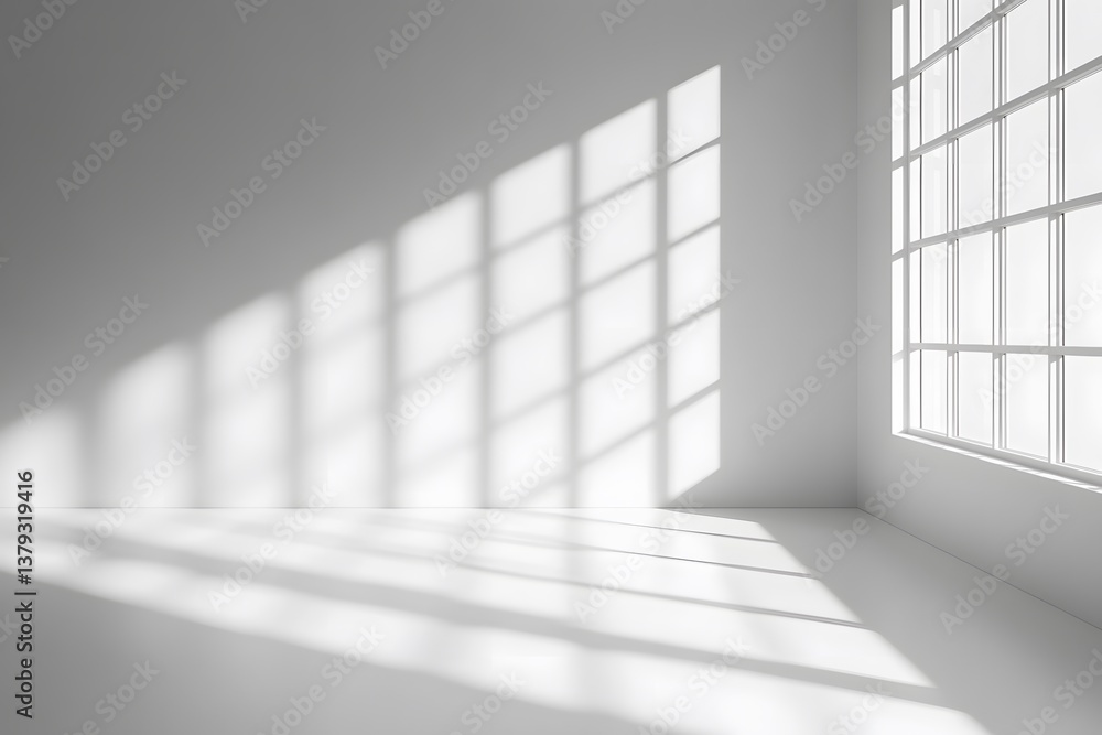 Light streams through a window casting shadows on a white wall and floor. Light streams through a window casting shadows on a white wall and floor.