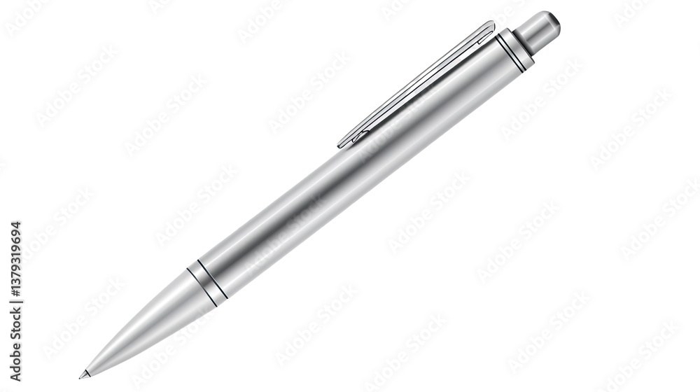 Silver Precision: A close-up studio shot of a sleek silver ballpoint pen, showcasing its minimalist design and metallic sheen, emphasizing precision and elegance. Silver Precision: A close-up studio shot of a sleek silver ballpoint pen, showcasing its minimalist design and metallic sheen, emphasizing precision and elegance.