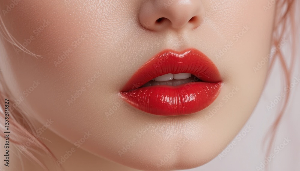 A close up of the face of a person with skin showing, including lips with red lip covering, and teeth. A close up of the face of a person with skin showing, including lips with red lip covering, and teeth.