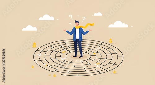 Confused man standing in a maze unsure of his direction and choices