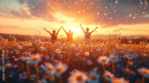 Fototapeta Naklejka Na Ścianę i Meble -  Summer Solstice Celebration in a Daisies Field at Sunset