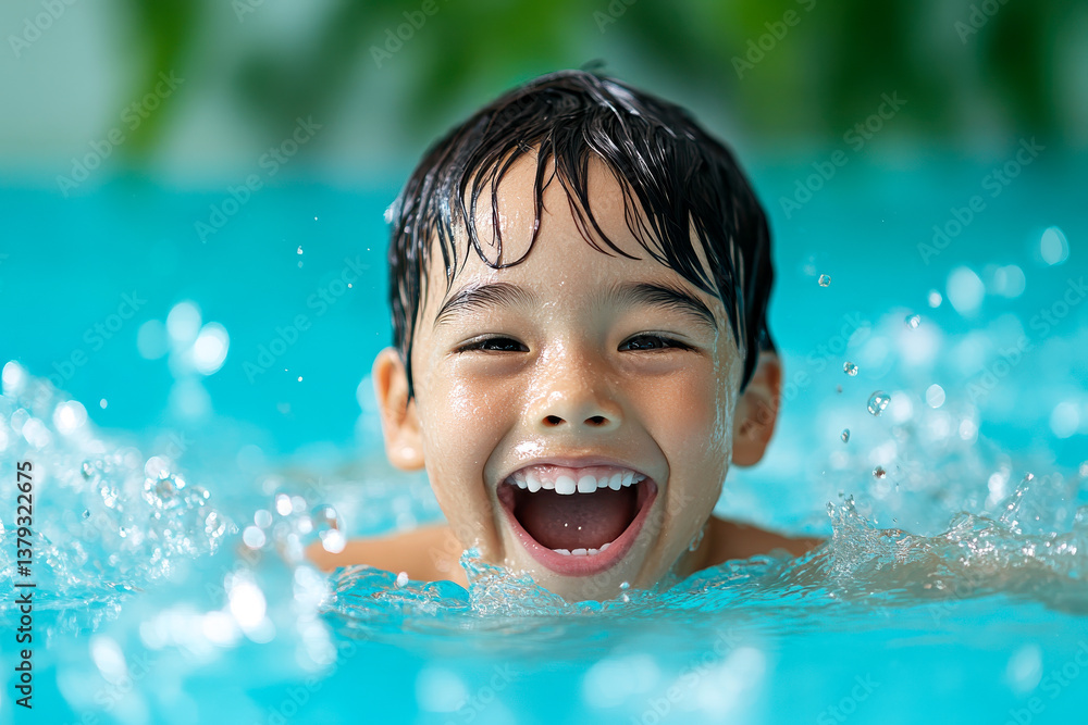 A joyful boy splashes in a pool, showcasing his bright smile and excitement in the water. A joyful boy splashes in a pool, showcasing his bright smile and excitement in the water.