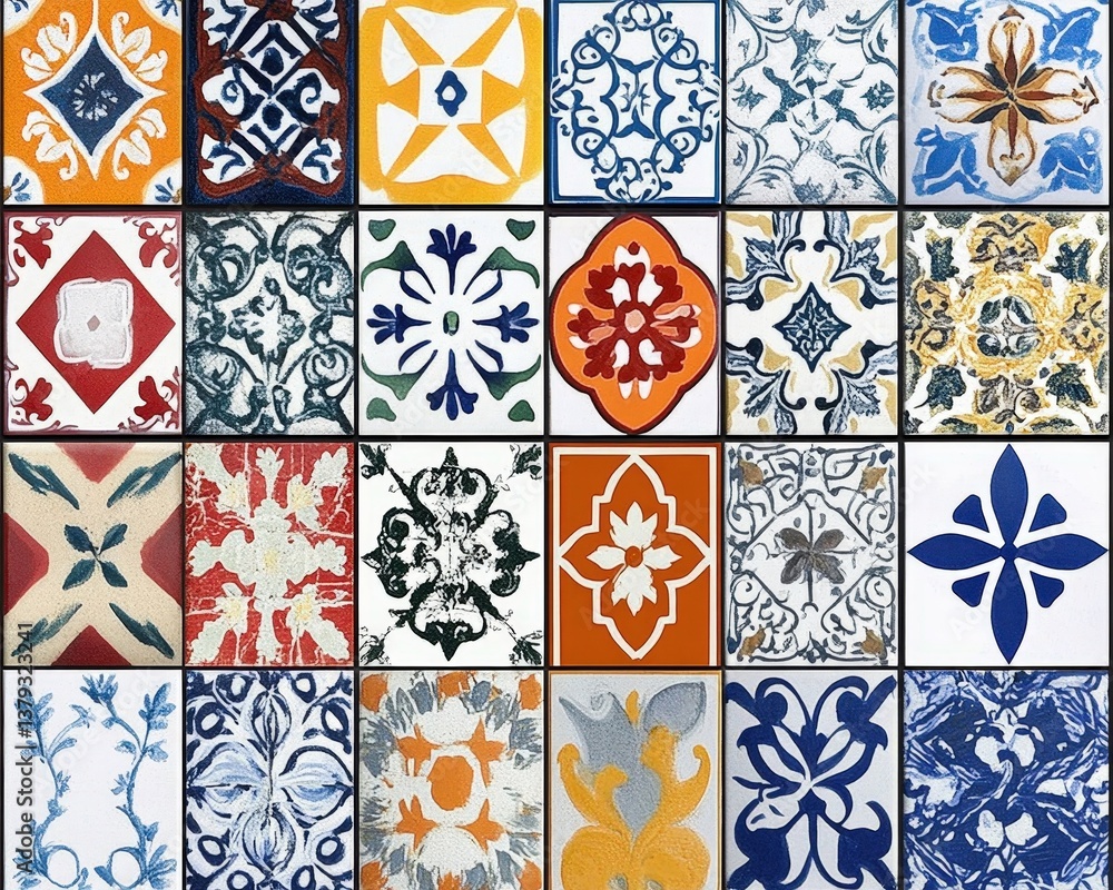 Fototapeta premium Colorful patterned ceramic tiles arranged in a grid design tile pattern