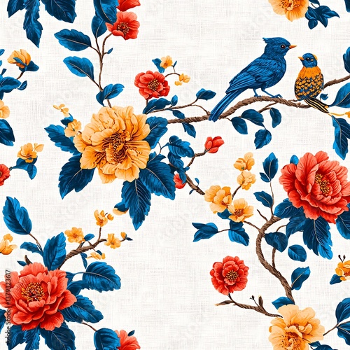 Vibrant Floral Pattern with Colorful Birds on Cream Background for Textile Design