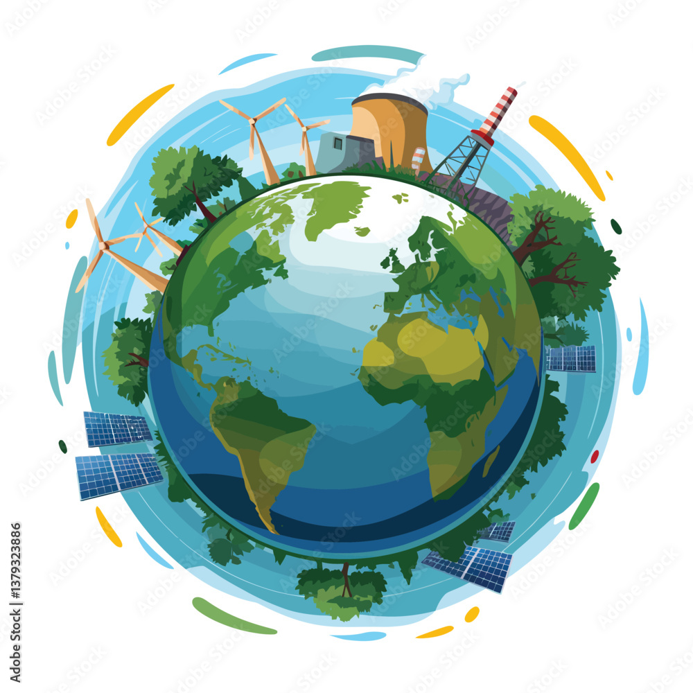 Naklejka premium illustration poster design green Earth with trees, windmills, and a focus on sustainability and Eco-friendly travel using GPS technology. 