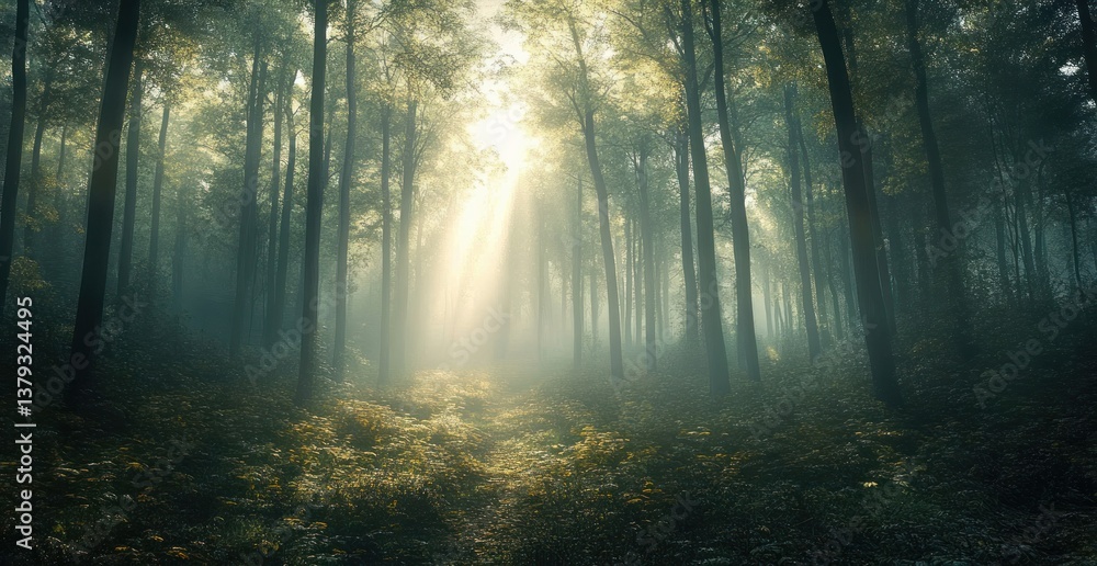 Ethereal Sunlight in Magical Misty Forest Landscape Ethereal Sunlight in Magical Misty Forest Landscape