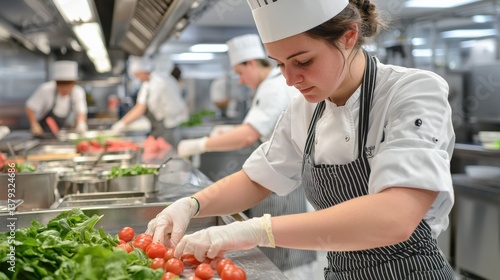 Line cook in high-energy kitchen chaos restaurant action shot culinary environment close-up professional cooking