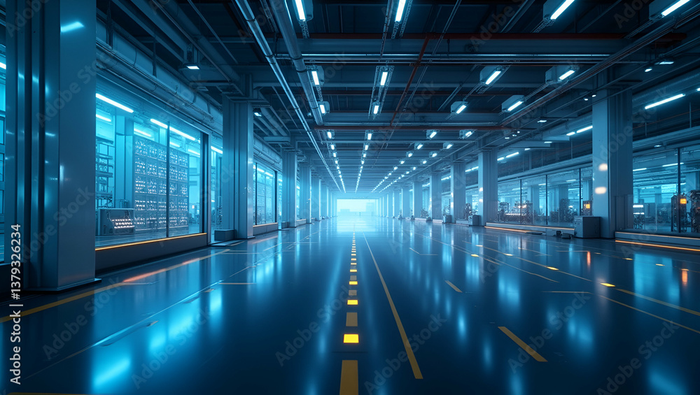 Fototapeta premium Futuristic Minimalist Wallpaper Design: AI-Powered Industrial Processes with Expansive Empty Space for Premium Photo Stock - Illustrating Automated Manufacturing and Data-Driven Optimization