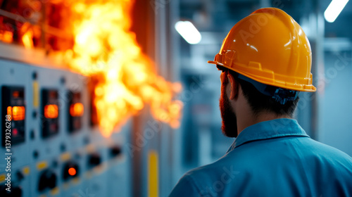 A worker in a hard hat observes a fire hazard near electrical panels, highlighting safety concerns in industrial environments.
