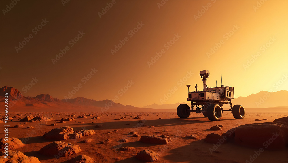Fototapeta premium Elegant Mars Rover Missions Wallpaper: Advanced Robotic Exploration & Surface Mapping with Negative Space for Next-Gen Scientific Discovery - Photo Stock Concept
