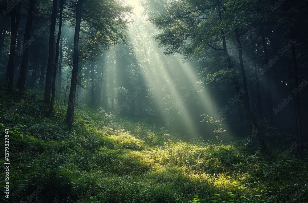 Fototapeta premium sunlight rays in green forest fantasy landscape morning nature scene