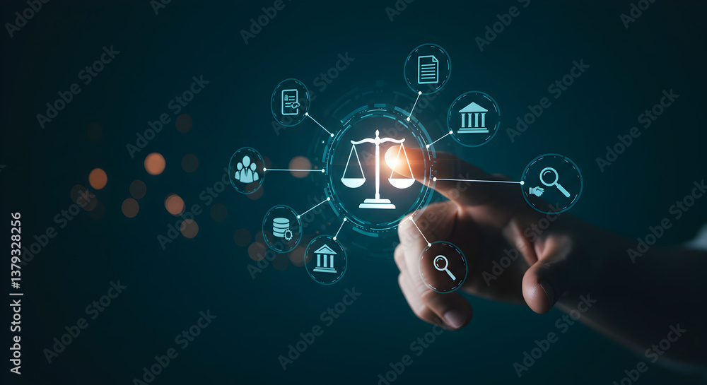 Hand Touching Glowing Scales of Justice with Digital Icons on Dark Blue Background Representing Modern Law Hand Touching Glowing Scales of Justice with Digital Icons on Dark Blue Background Representing Modern Law