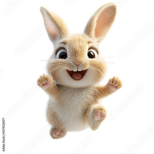Fluffy 3D Cartoon Rabbit Hopping with Arms Up and Eyes Wide Isolated on Transparent Background