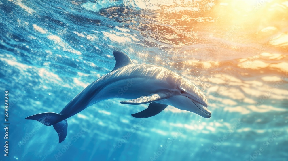 Obraz premium Dolphin Swimming Underwater in the Ocean with Sunlight Streaming Through Water