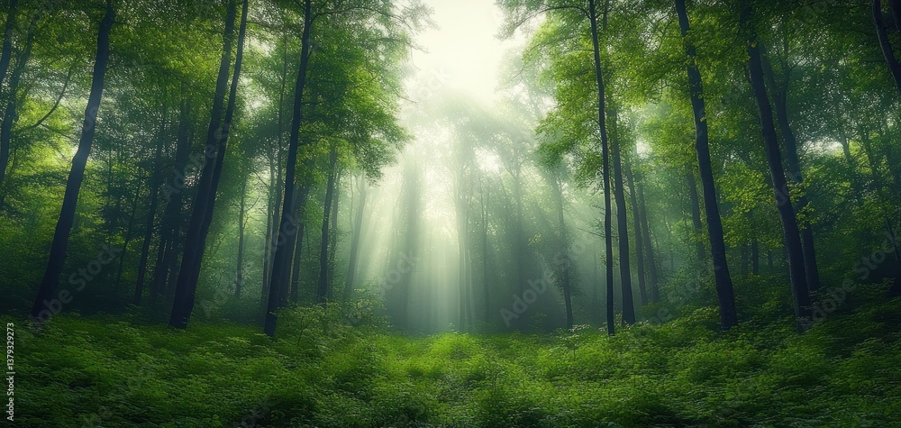 Obraz premium Peaceful Forest Landscape with Sunlight and Mist in Lush Green Woodland