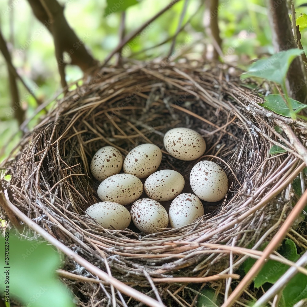 Nest with Speckled Eggs Surrounded by Greenery in Natural Habitat Nest with Speckled Eggs Surrounded by Greenery in Natural Habitat