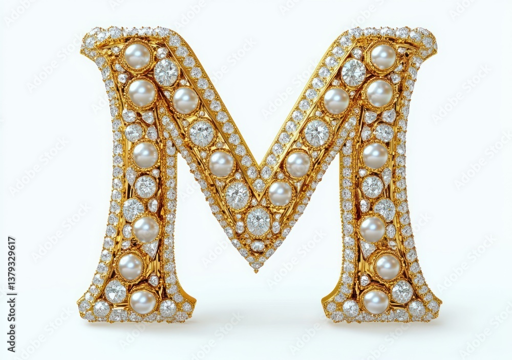 Obraz premium Luxurious golden letter M encrusted with diamonds and pearls in Art Deco style on white background