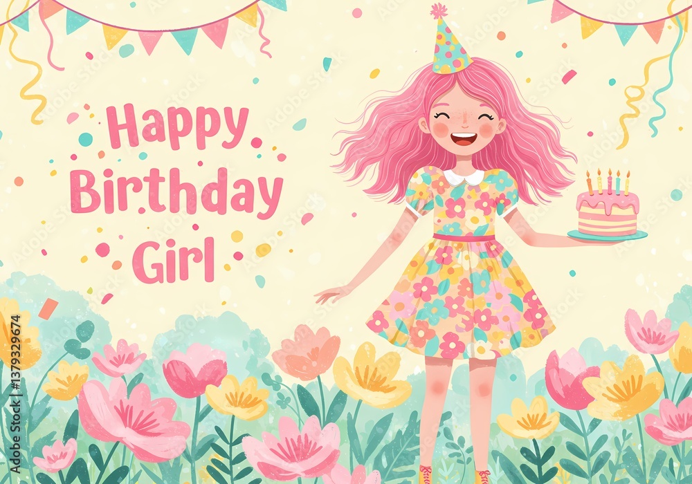 Happy birthday card for girl, celebration, print Happy birthday card for girl, celebration, print
