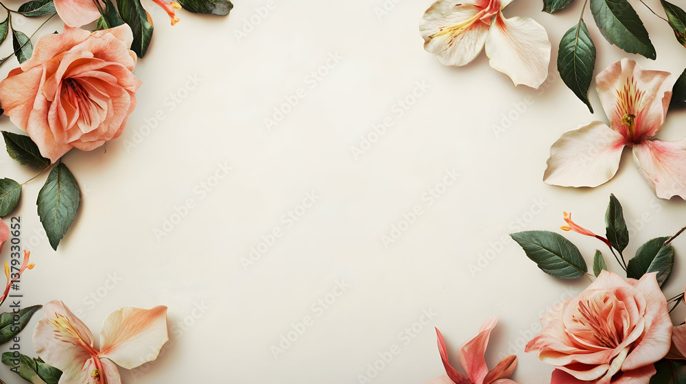 A floral border featuring soft pink and white flowers on a light background.
