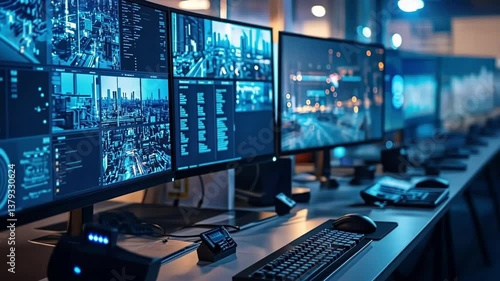 Multiple computer screens displaying real time data feeds, charts, and surveillance footage, illustrating a high tech cyber security operation center monitoring city infrastructure