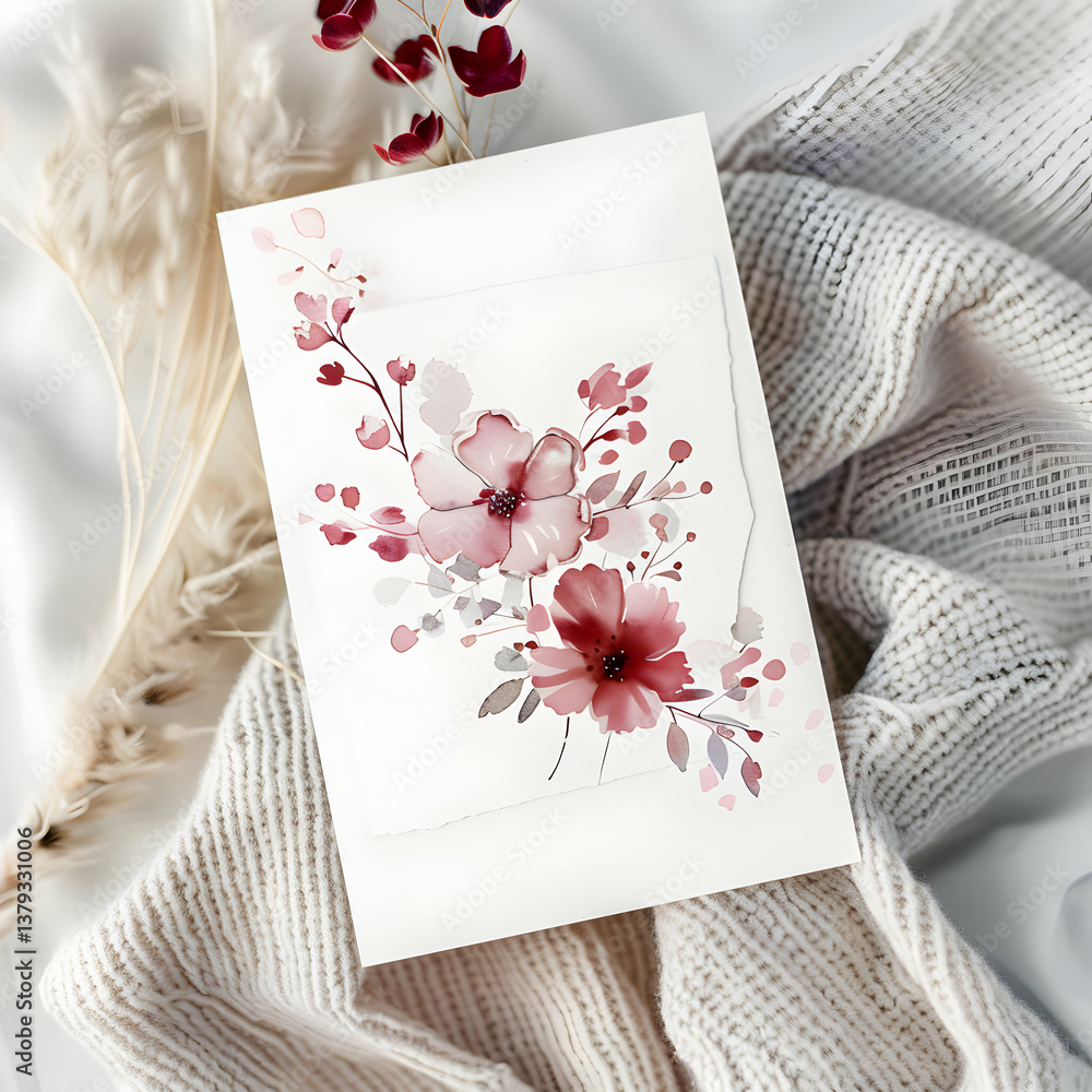 A floral-themed card on a cozy knitted fabric background.