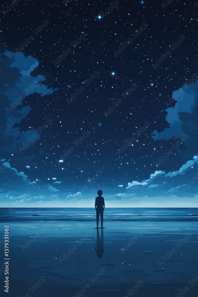Obraz premium A solitary figure standing and looking up at a starry night