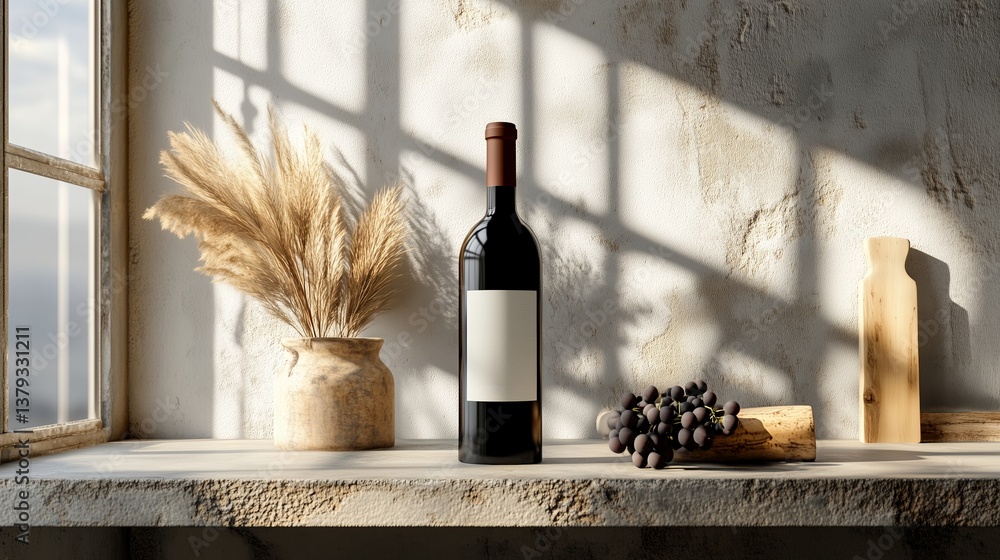 Obraz premium Bottle of red wine with a blank label alongside grapes and a vase on a rustic countertop lit by daylight in a cozy interior