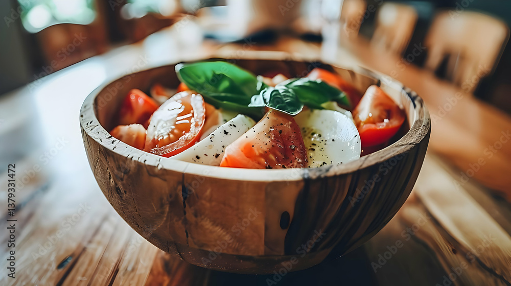 A fresh salad featuring tomatoes, onions, and basil in a wooden bowl.