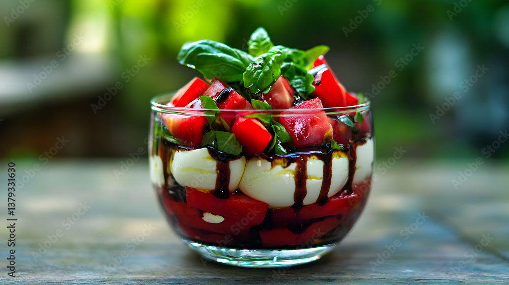A fresh salad with tomatoes, mozzarella, and basil drizzled with balsamic glaze.
