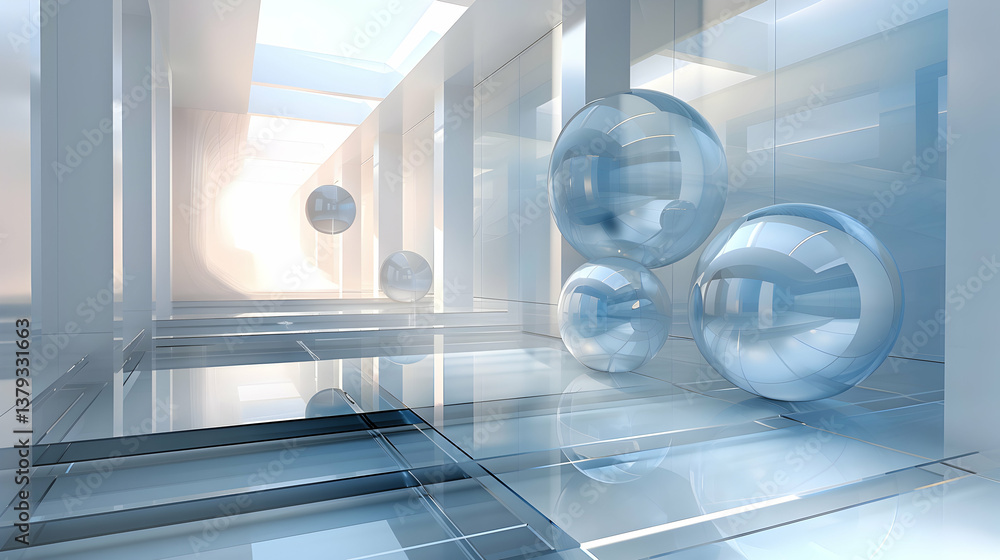 A futuristic, translucent space with floating spheres and reflective surfaces.