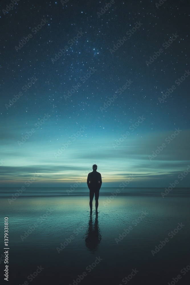 Fototapeta premium A solitary person standing on a beach beneath a starry sky