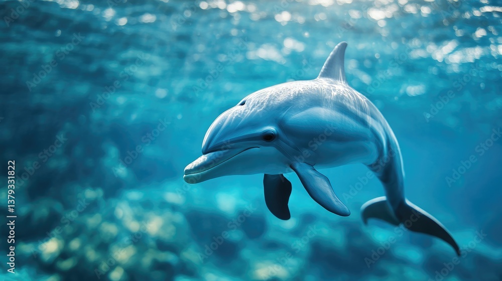 Fototapeta premium Dolphin Swimming Underwater in Blue Ocean Sunlight Marine Life Image