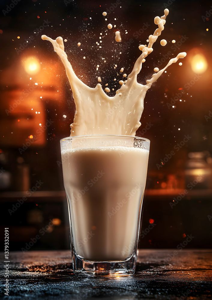 A glass of milk with splashes, showcasing a dynamic and appetizing moment.