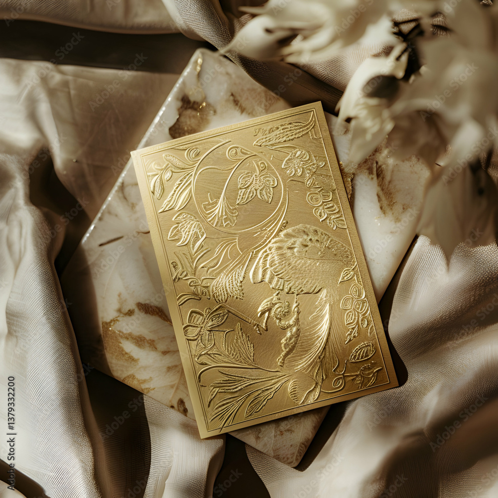 A golden embossed card resting on elegant fabric, showcasing intricate designs.