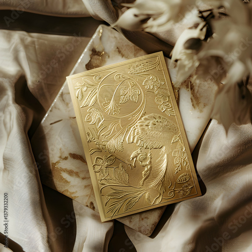 Obraz na płótnie A golden embossed card resting on elegant fabric, showcasing intricate designs. w salonie