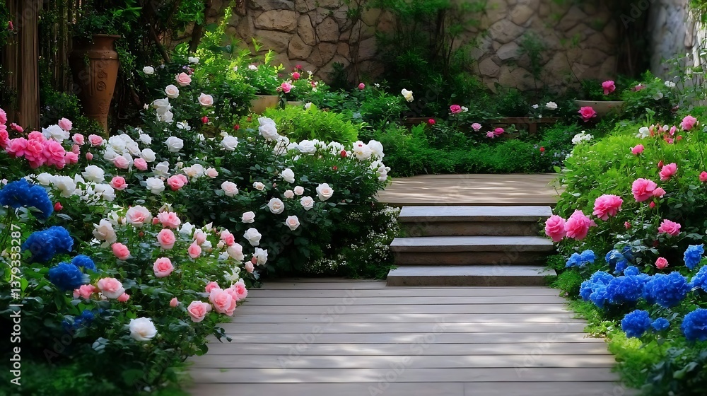 Serene Garden Pathway Surrounded by Colorful Flowers in a Tranquil Landscape Setting Serene Garden Pathway Surrounded by Colorful Flowers in a Tranquil Landscape Setting