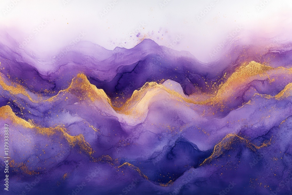 Fototapeta premium Abstract Violet Lavender Watercolor Background with Gold Accents Fluid Patterns for Wedding Invitations and Elegant Designs