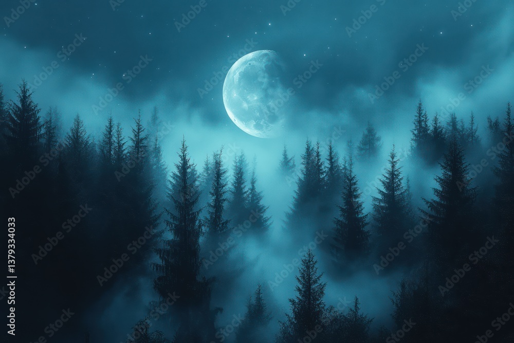 Fototapeta premium eerie moonlit forest at night with dark silhouettes of trees and soft fog in a gothic atmosphere