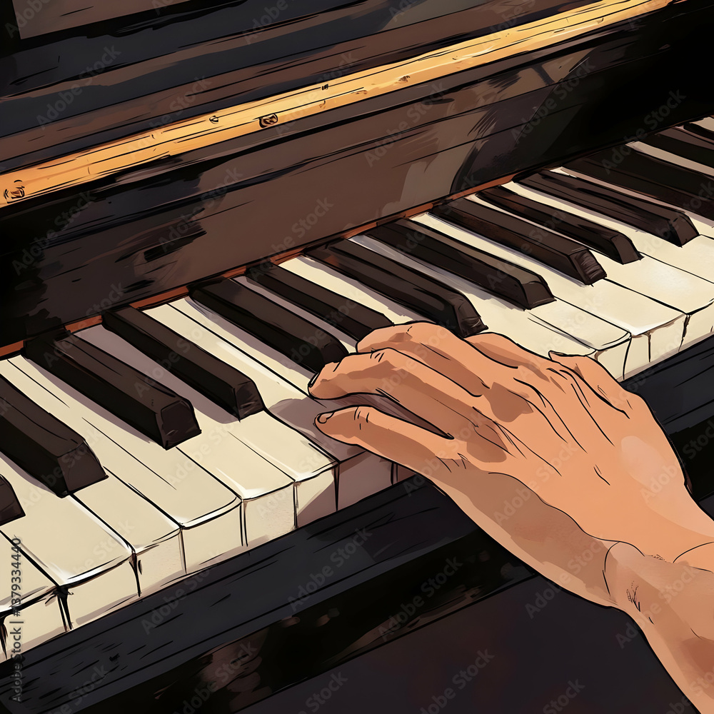 A hand poised over piano keys, suggesting a moment of musical creativity.