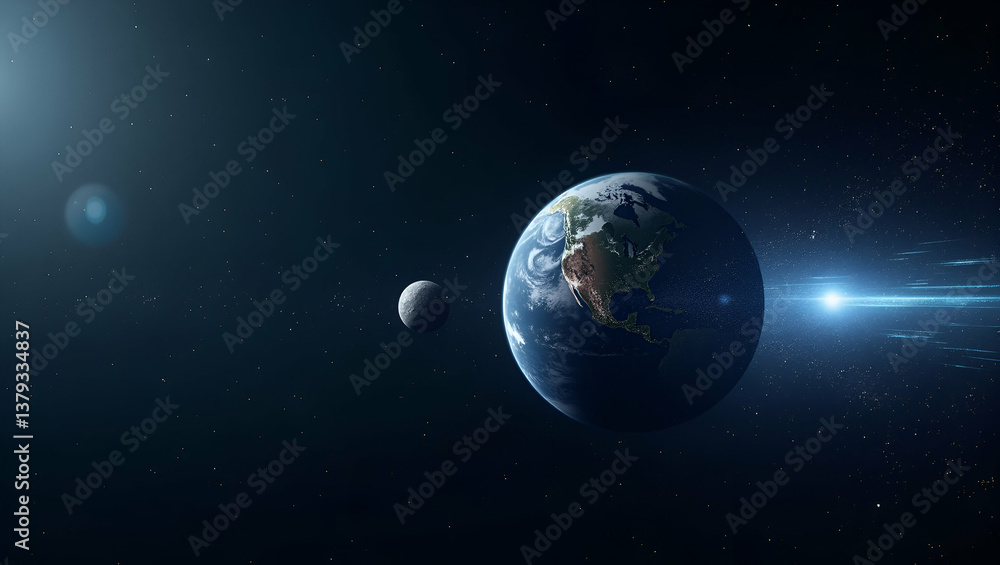 Obraz premium Sleek Planetary Defense Wallpaper: Innovative Asteroid Tracking & Impact Prevention Design with Digital Accents and Expansive Empty Space for Cosmic Hazard Protection