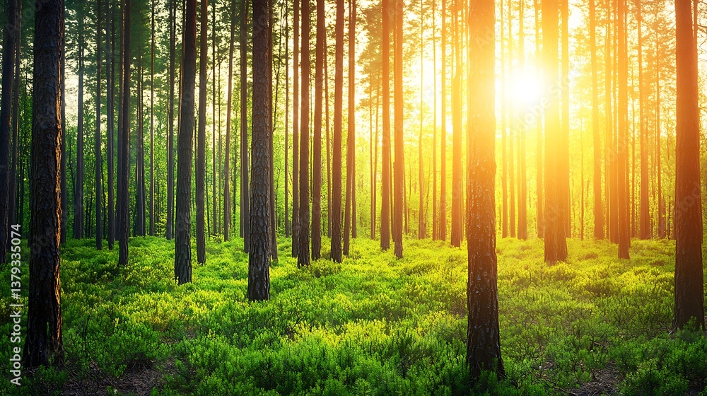 Fototapeta premium Serene Forest Landscape at Sunrise with Sunlight Filtering Through Tree Canopy