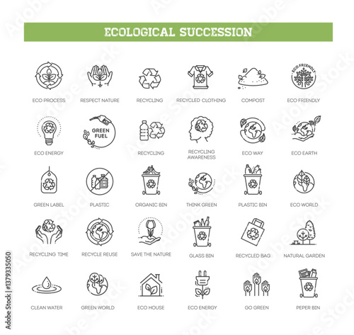 Ecological Succession Icons Pack. Vector icons