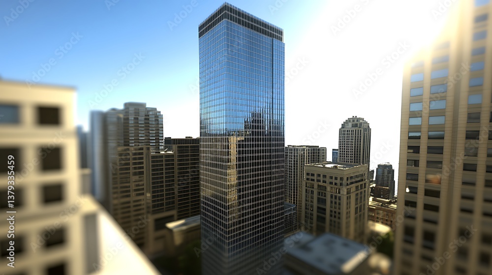 Fototapeta premium Modern Skyscraper Surrounded by Urban Cityscape with Clear Blue Sky and Sunlight