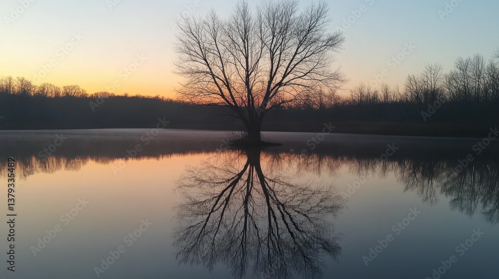 Serene Reflection of a Bare Tree at Dawn by a Calm Lake Serene Reflection of a Bare Tree at Dawn by a Calm Lake